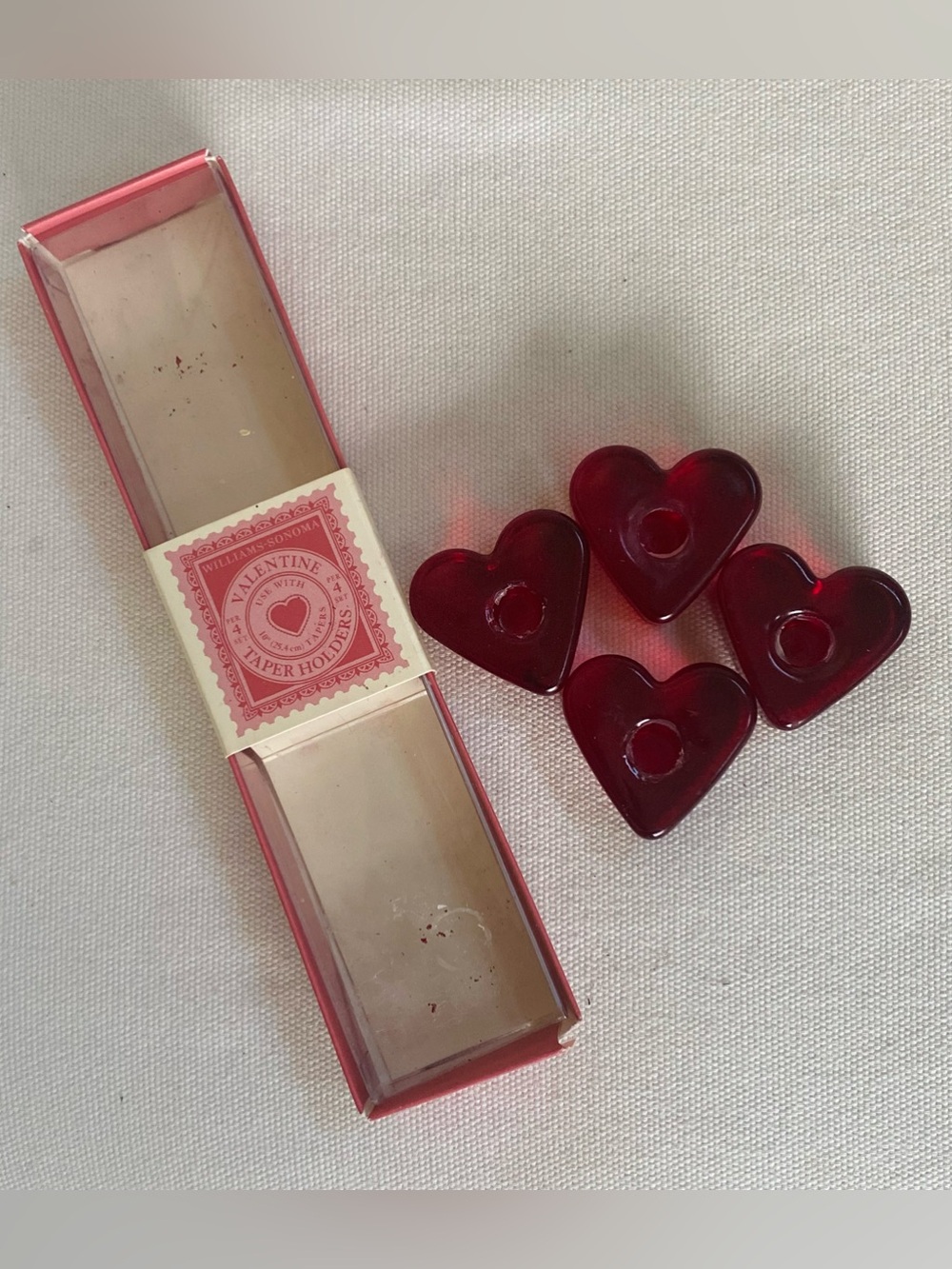 VTG 2002 Williams Sonoma Ruby Red Glass Heart Shaped Tiny Taper Candle Holders